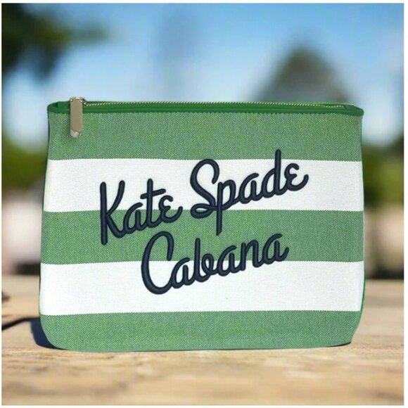 Kate Spade Cabana Green Stripe Pouch Medium Canvas Zip Clutch Cosmetic Bag - Picture 1 of 8